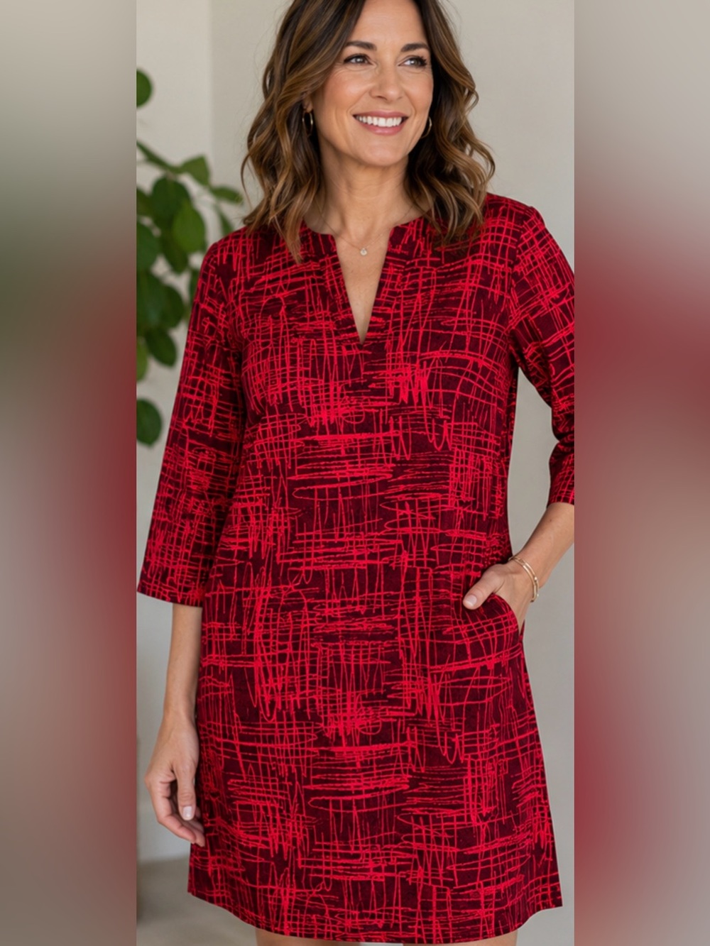 Lesley Evers Tunic Shift Dress Small Red Pink Abstract Brushstroke Small